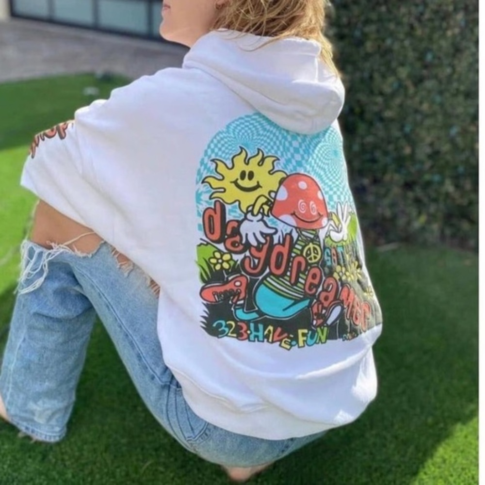 Daydreamer Size‎ XS Oversized Mushroom Doodle Hoodie Sweatshirt White Hippie